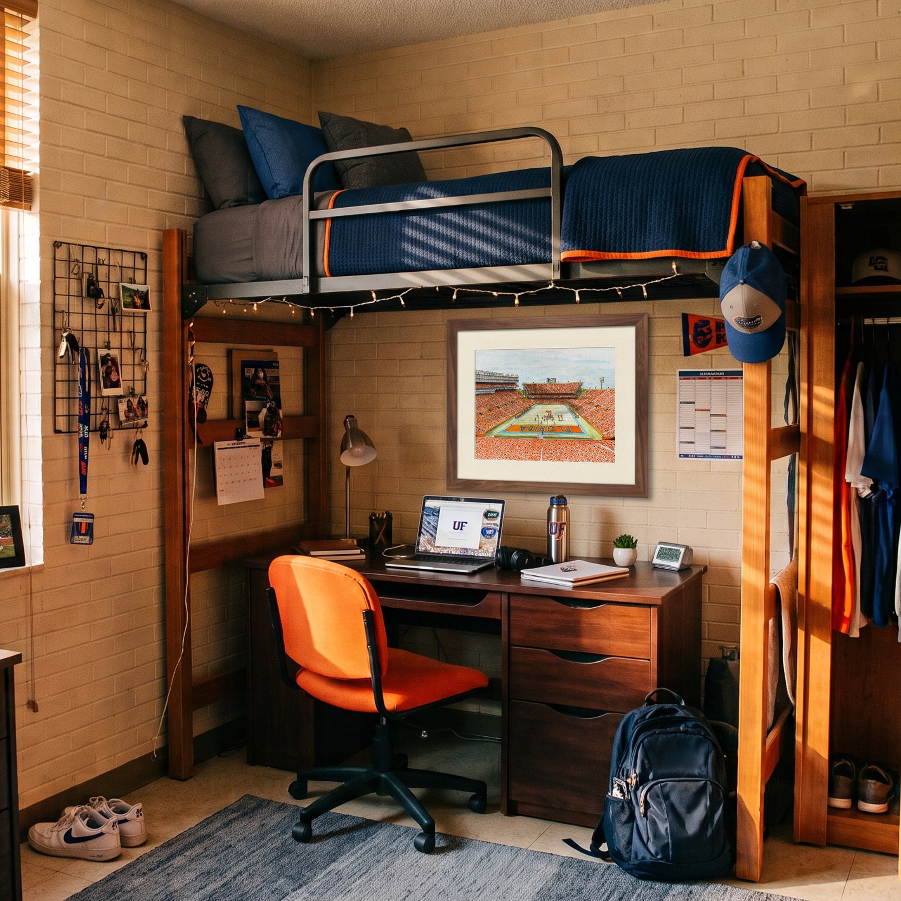 A cozy, fully-styled freshman dorm room featuring a loft bed with blue bedding, a wooden desk with an orange office chair, a framed stadium ticket print on the wall, and a blue backpack on the floor.