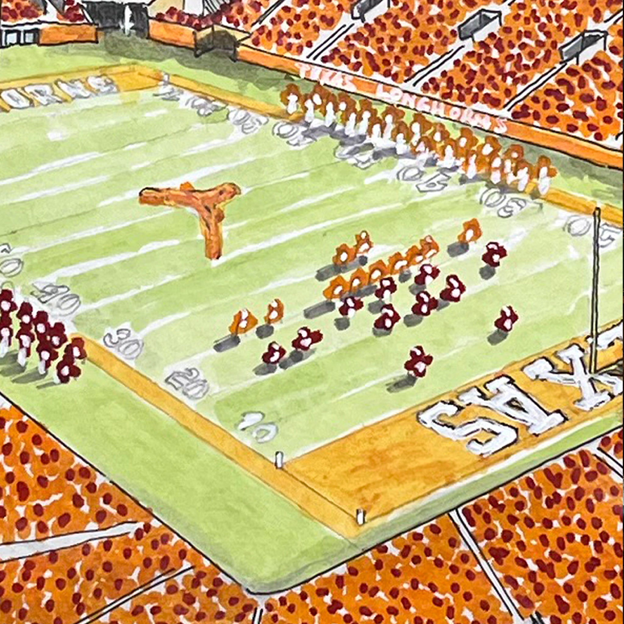 Detail of pen and ink watercolor print of Darrell K Royal-Texas Memorial Stadium.