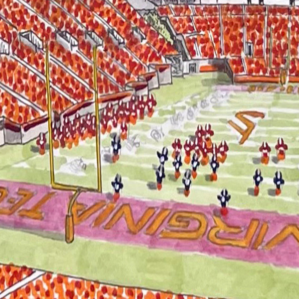 A hand-drawn watercolor illustration of a football stadium scene, showing a field with marching players, stands filled with red-and-white spectators, and large 'VIRGINIA' lettering painted on the turf.