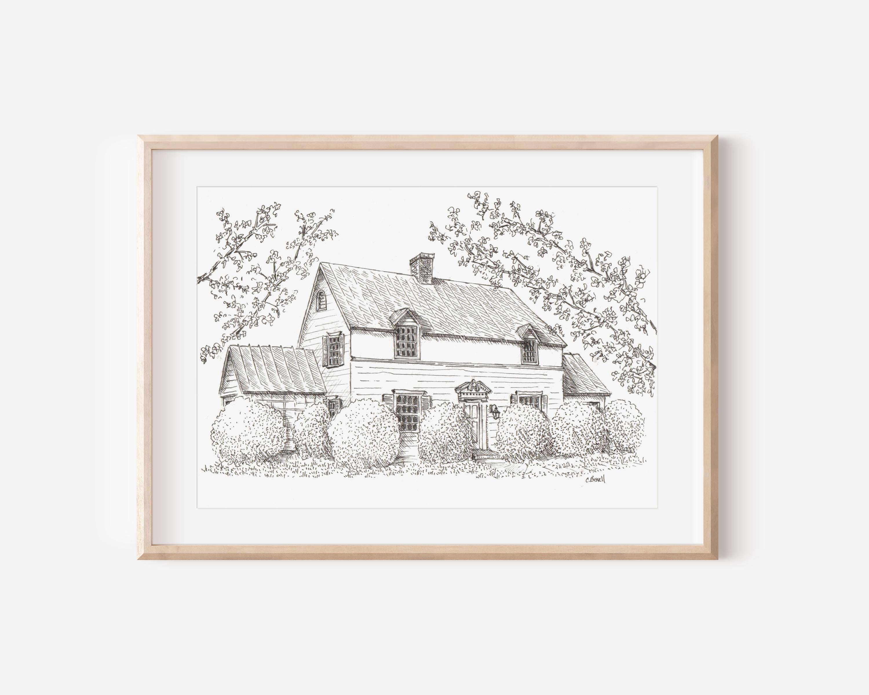 Custom Pen and Ink House Drawing: Hand-Drawn Home Portrait
