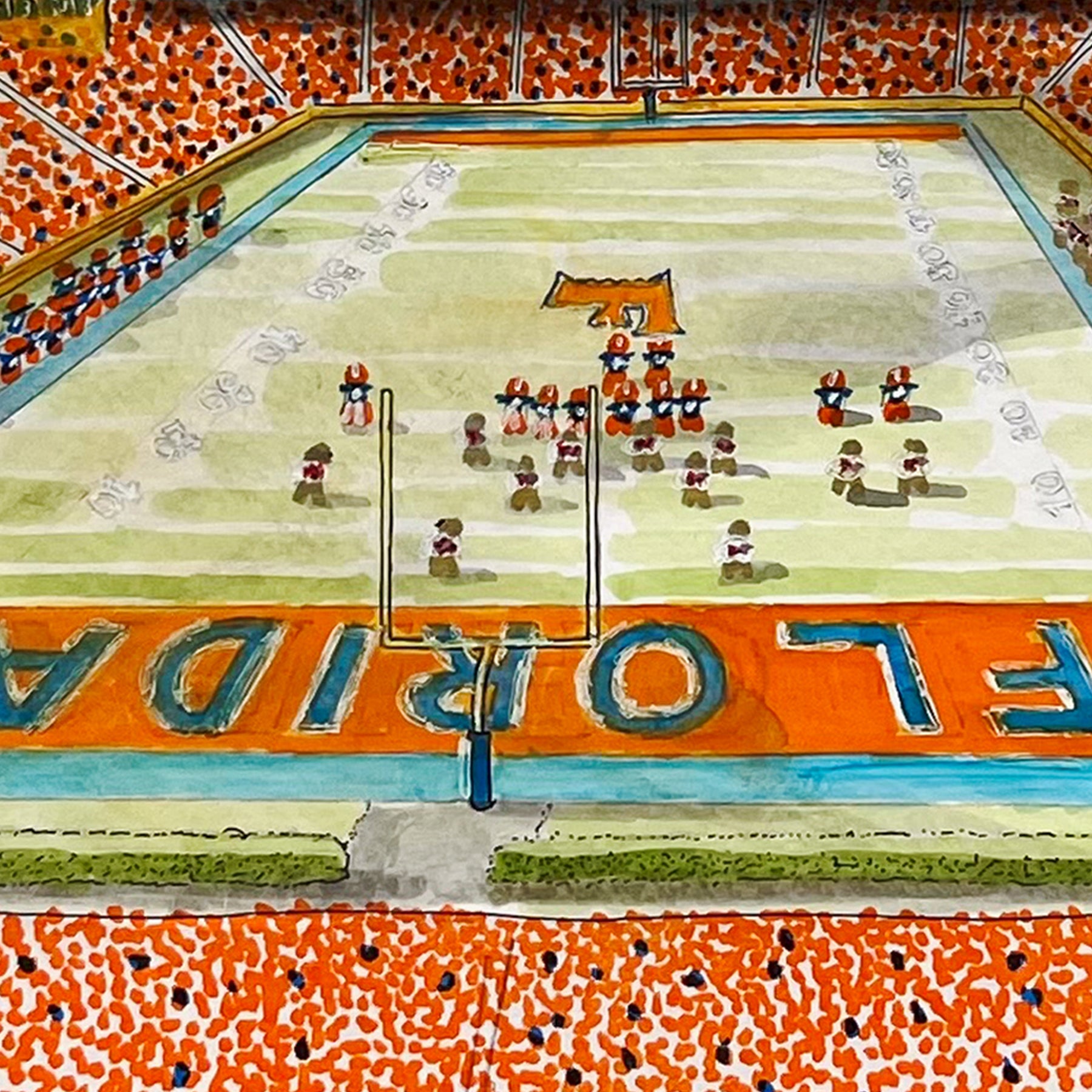 Watercolor-style illustration of a football field and stadium, with players on the field, large orange lettering across the lower portion, and densely packed orange and red stands in the background.