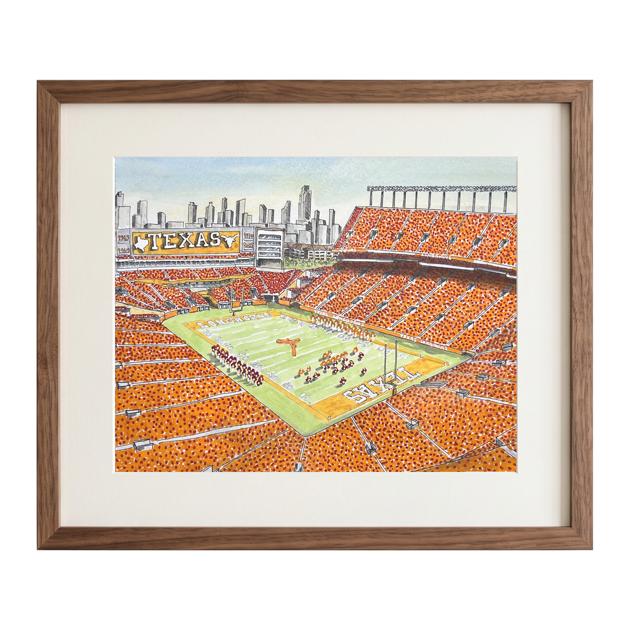 Pen and ink watercolor print of Darrell K Royal-Texas Memorial Stadium framed.