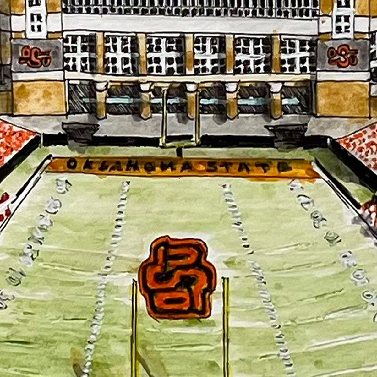Hand-drawn illustration of an Oklahoma State football field and stadium, featuring the OSU Cowboy logo on the field, goalposts, stands, and building facade.