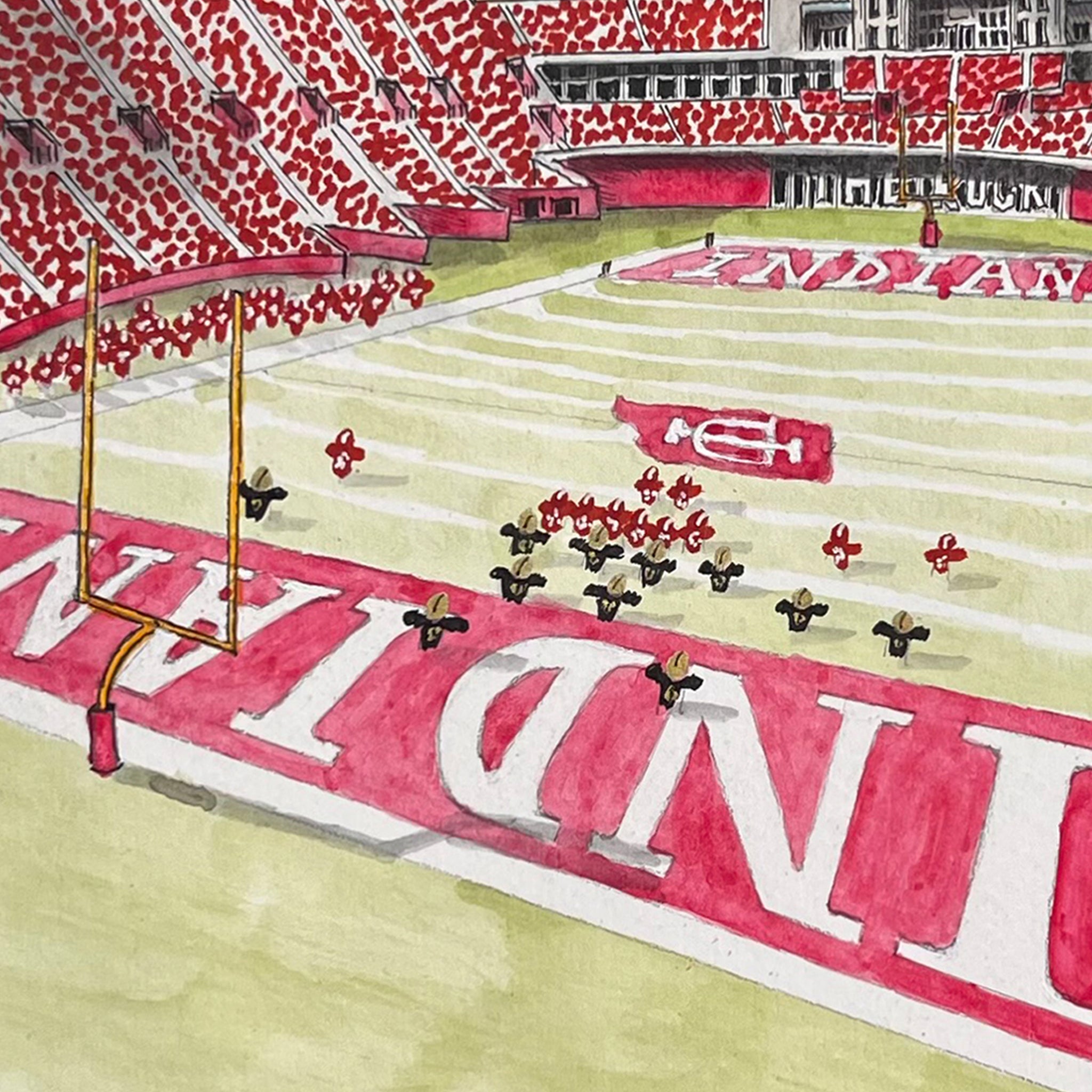 Detail of texture of watercolor print of Indiana's Memorial football Stadium. 
