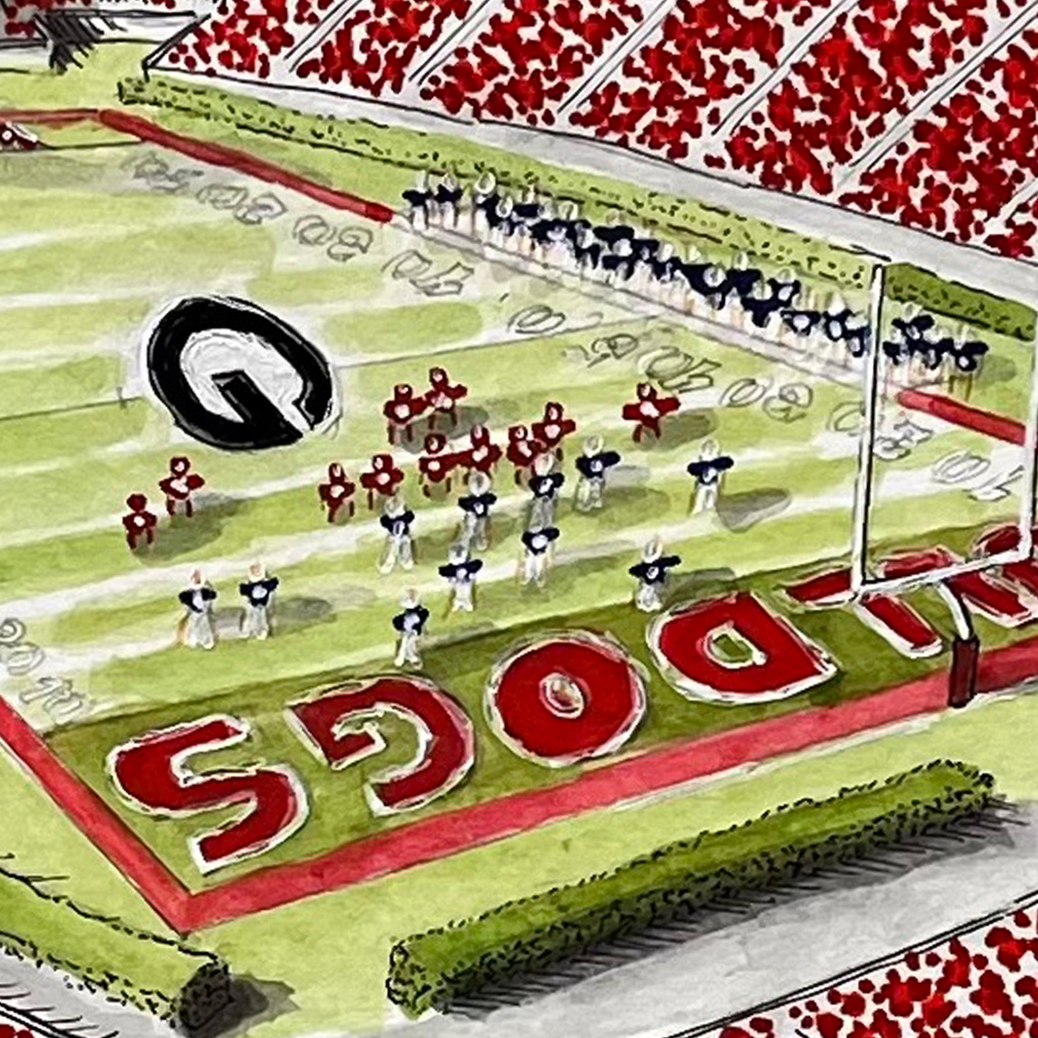 Close up of a hand-drawn illustration of a football field with the Georgia Bulldogs logo and 'ULDOGS' lettering, showing players and a crowd in the stadium.