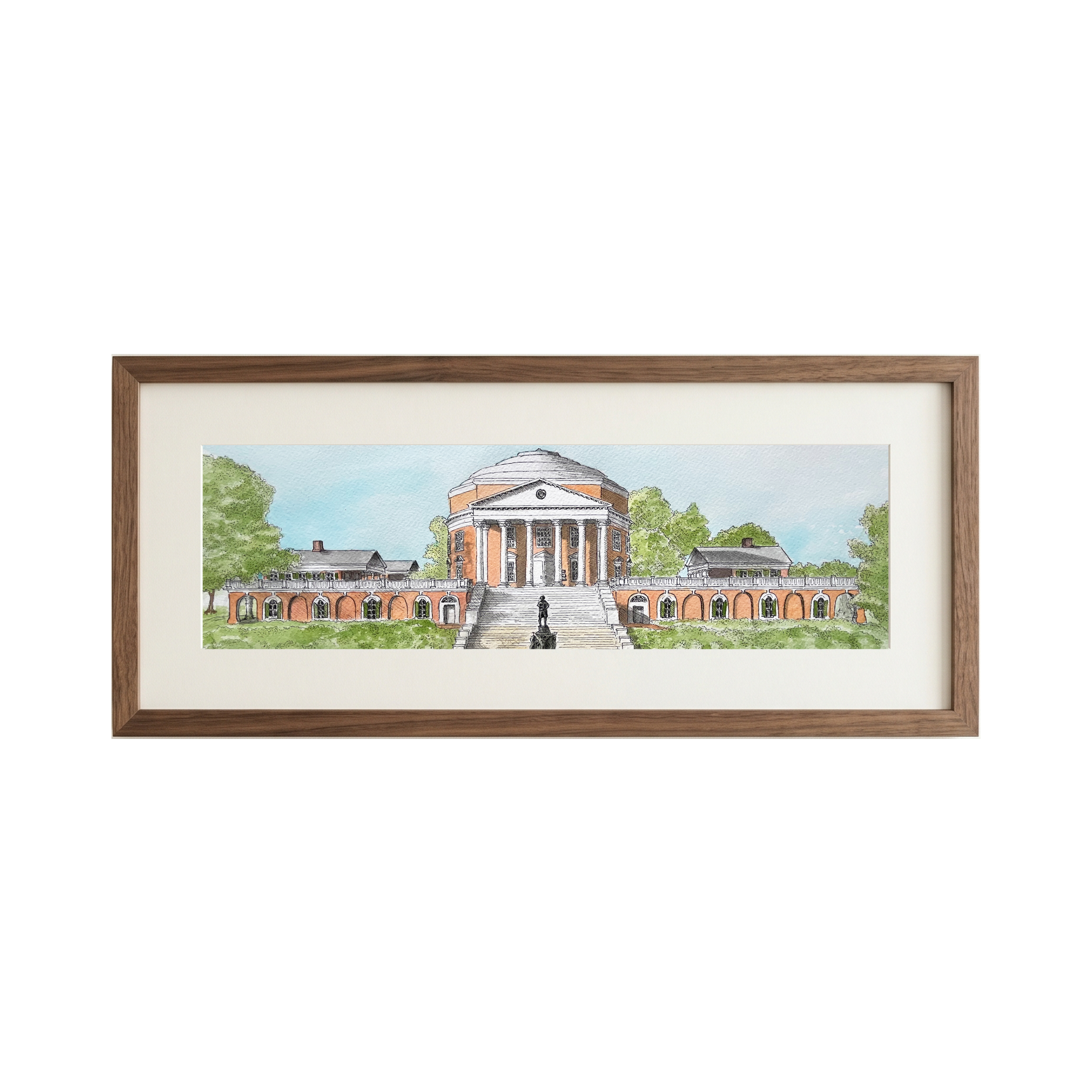 A framed watercolor painting of the Monticello building, featuring a classical colonnade and surrounding greenery, presented in a brown wooden frame with a white mat on a white background.