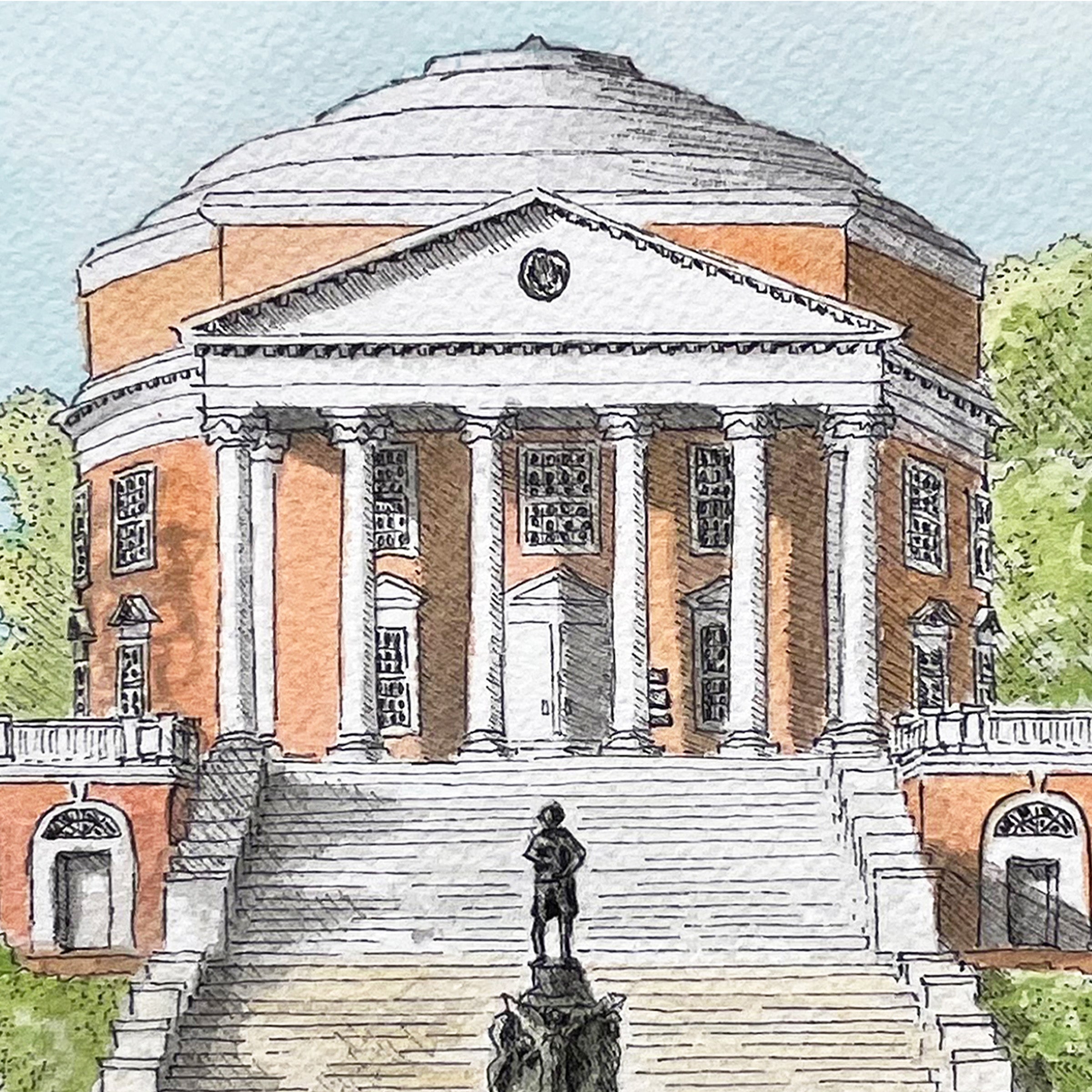 Watercolor-style illustration of the Tivoli Theatre in Monticello, Wisconsin, showing a neoclassical brick building with a large colonnade, steps, and a small statue in the foreground.