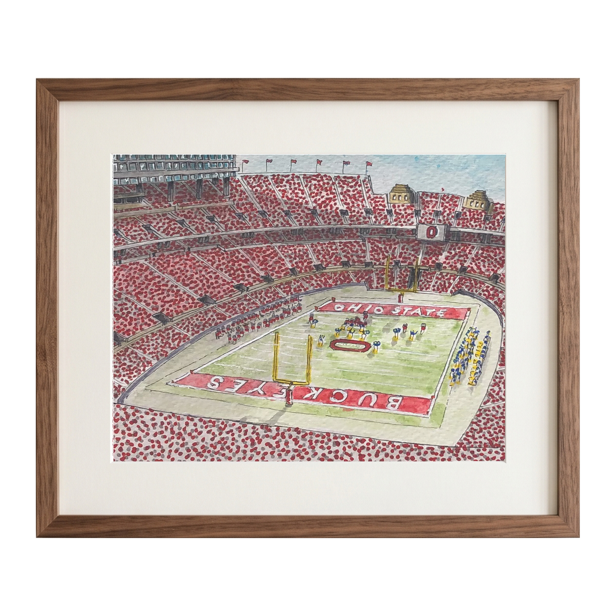 Premium pen and ink watercolor print of Ohio Stadium displayed in a simple wood frame.