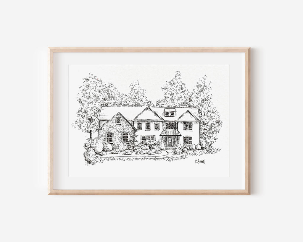 Custom Pen and Ink House Drawing: Hand-Drawn Home Portrait
