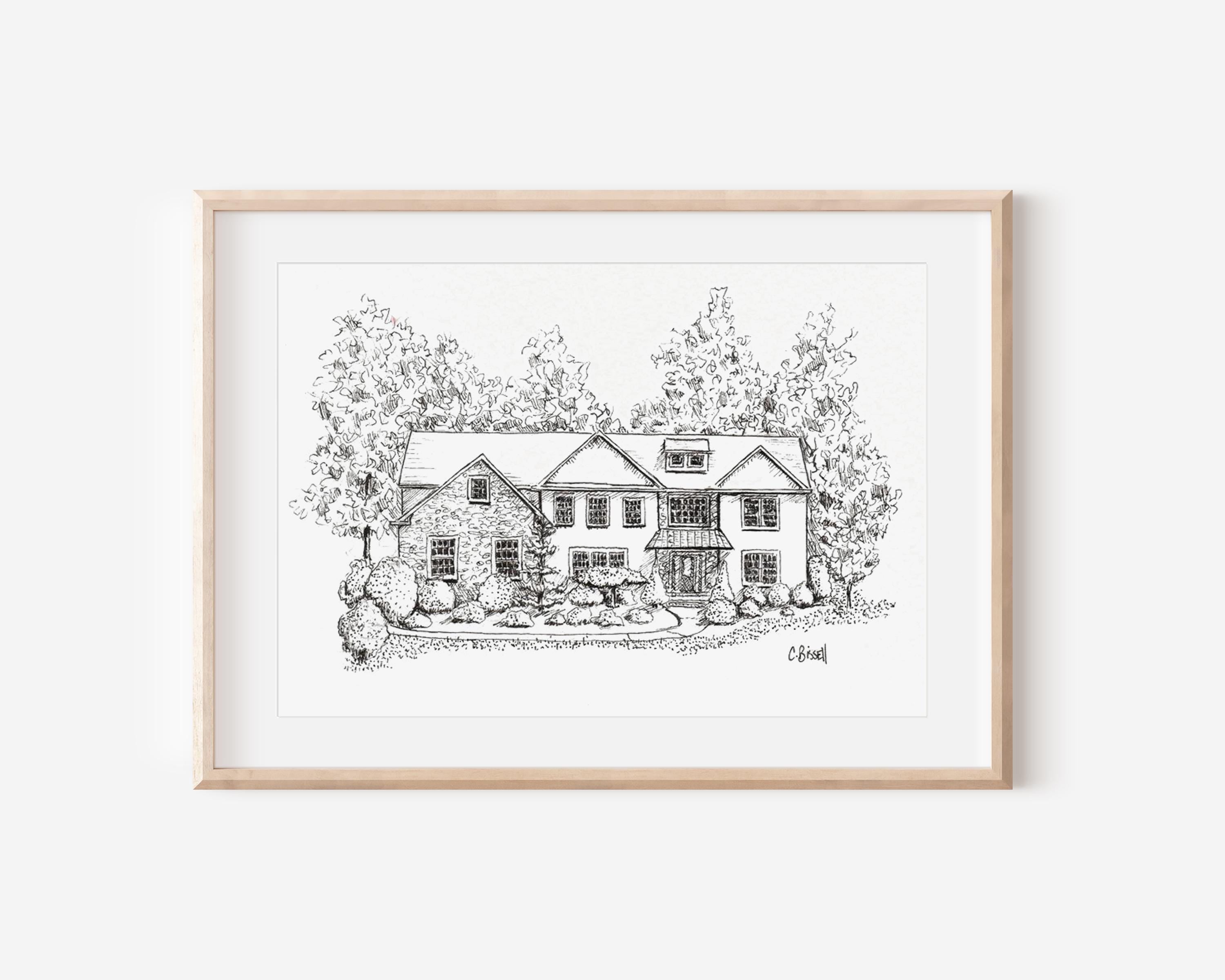 Custom Pen and Ink House Drawing: Hand-Drawn Home Portrait