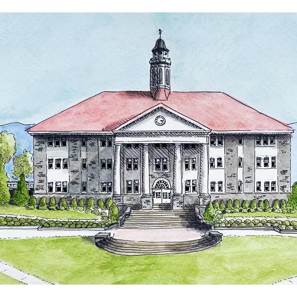 James Madison University Watercolor Print, JMU Wilson Hall - Mill Creek Art Co.
