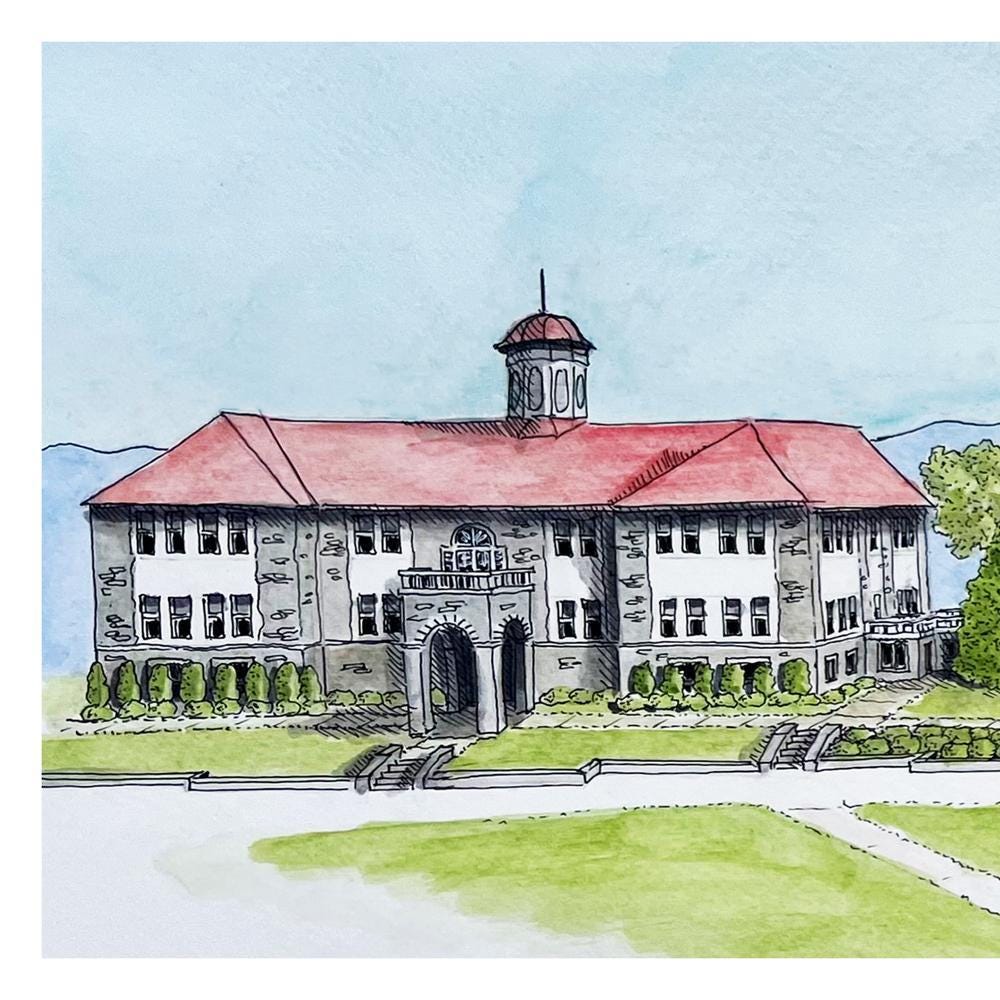 James Madison University Watercolor Print, JMU Wilson Hall - Mill Creek Art Co.