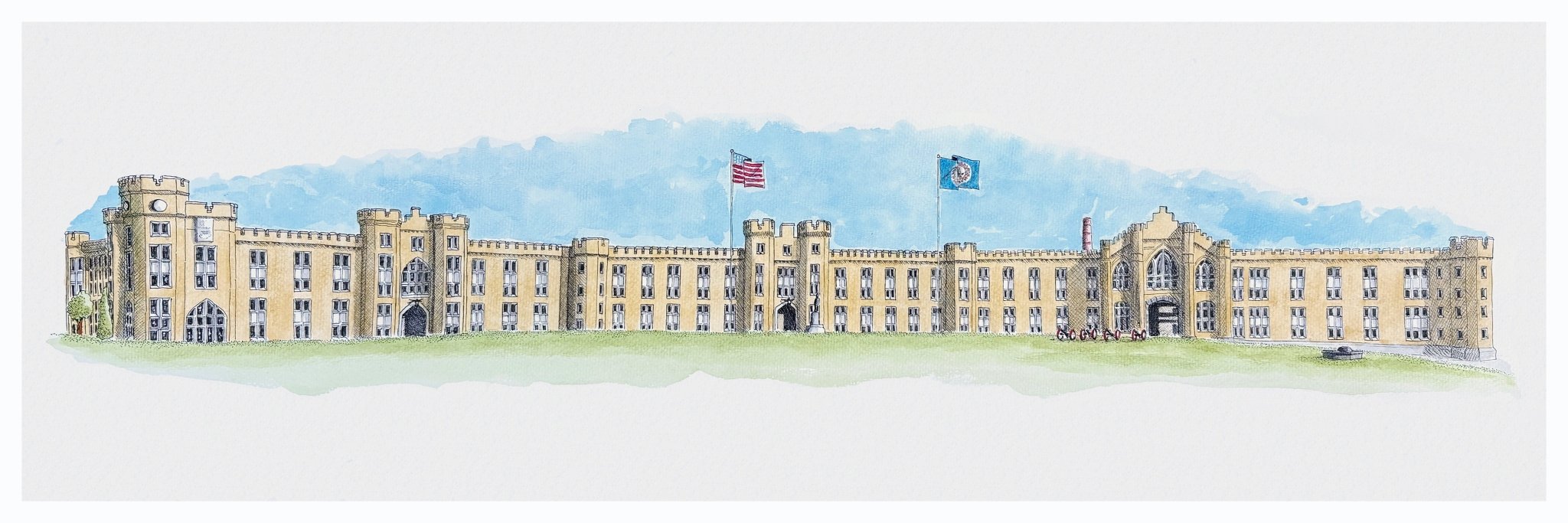 VMI Barracks Original Watercolor Painting - Mill Creek Art Co.